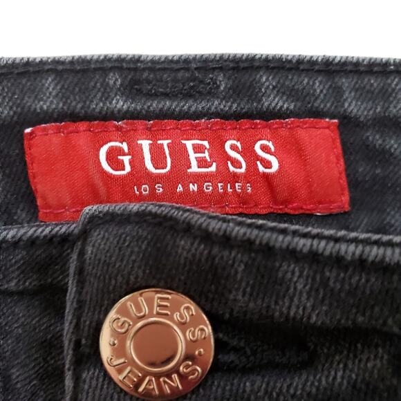 Guess | High Waist Distressed Button Up Shorts with Rhinestone Logo on Back - Picture 6 of 9